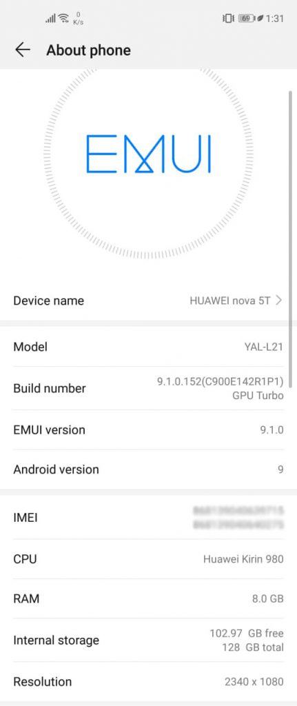 Huawei Nova 5T EMUI 9