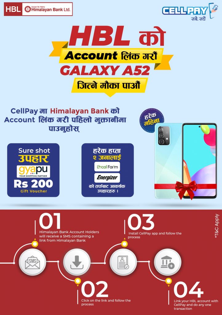 CellPay launched “HBL को अकाउन्ट लिंक गरौं Galaxy A52 जित्ने मौका पाऔँ” offer