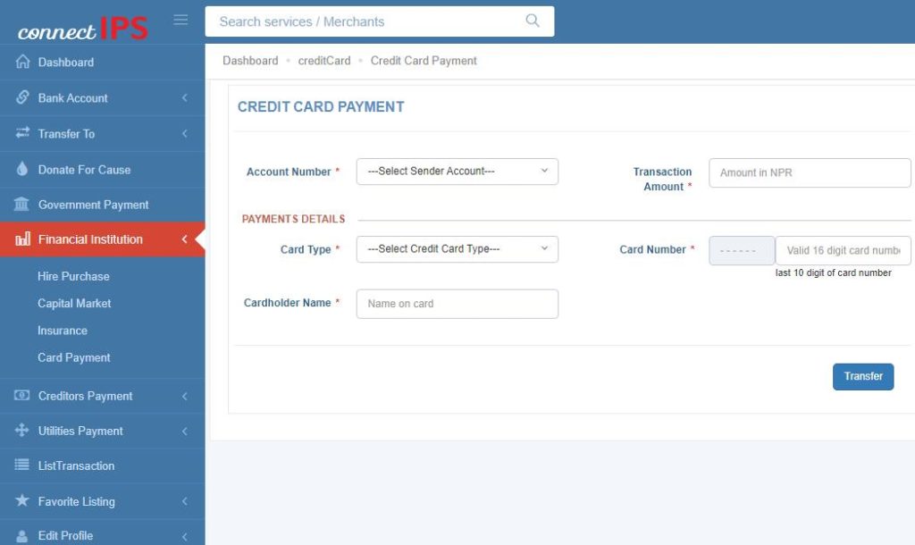 credit card bill payment connectips