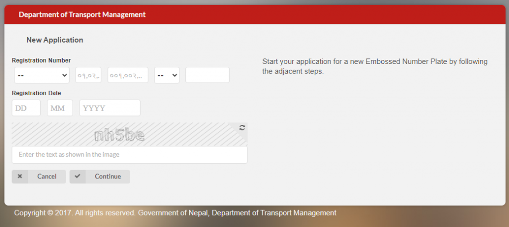 application for embossed number plate