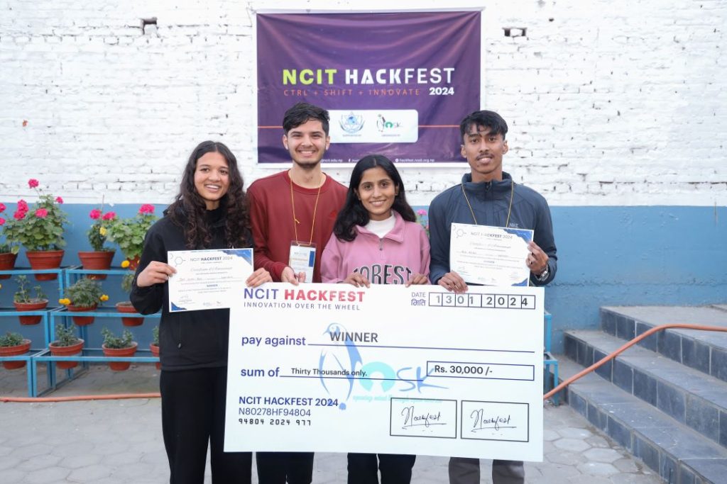 Team Superlatives wins NCIT Hackfest 2024 Team Superlatives, NCIT Hackfest 2024 winner (Team members: Jyoti Kumari Raut, Avash Mani Dahal, Mamta Sharma, Anup Adhikari)